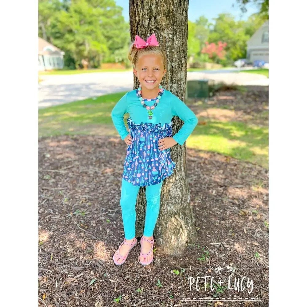 PETE + LUCY Blue Boho Cactus 2 Piece Set Pants Babydoll Top 2T NEW